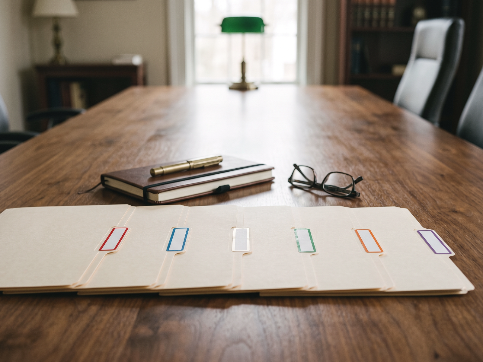 Client folders on a conference table in a small professional practice